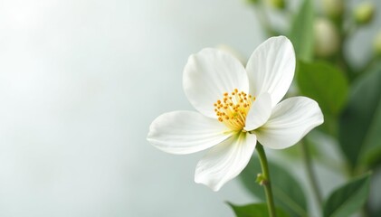 Fototapeta premium Delicate white flower blossom against pure white backdrop, clean, texture, beauty