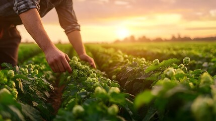 Artisanal hops farmer carefully inspecting fresh green hop cones in a lush hops field at sunrise preparing for the upcoming craft beer production season  Sustainable and organic agriculture