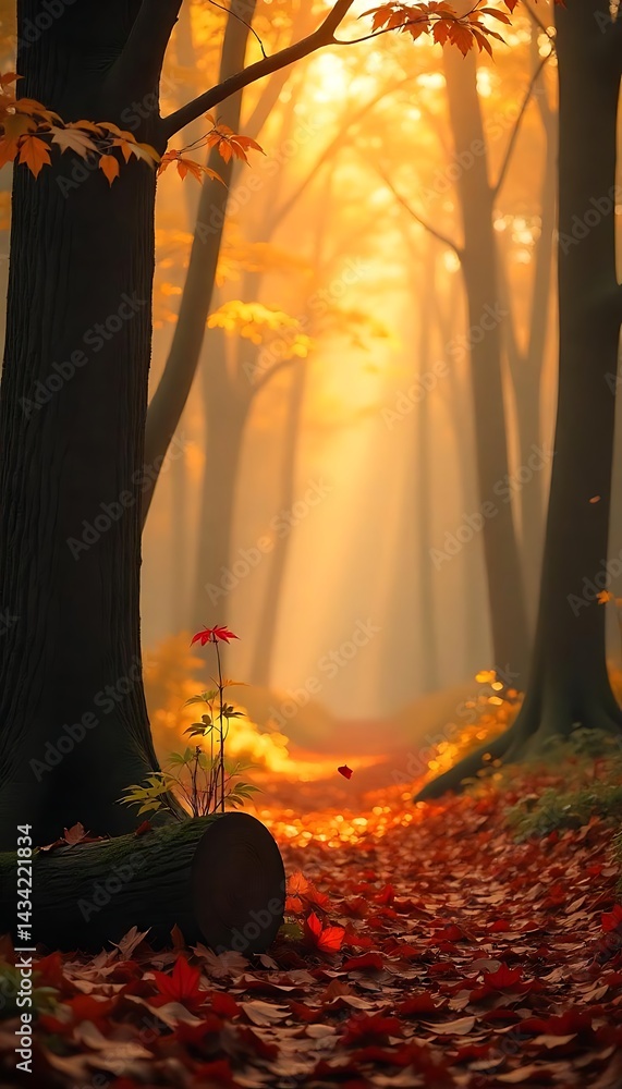 Poster generative ai golden hour illuminates a misty autumnal forest path