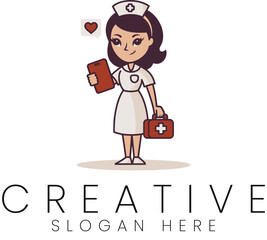 Cute Nurse Cartoon Character Using Smartphone Medical App red bag aid kit girl flat icon  