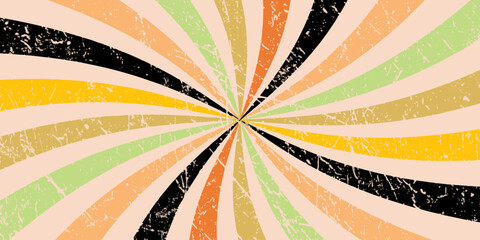 Retro sunburst background with wavy radial lines warm vintage colors like orange, cream, yellow,and beige on a white base, 1970s psychedelic style,clean vector grunge look,centered burst flat design		