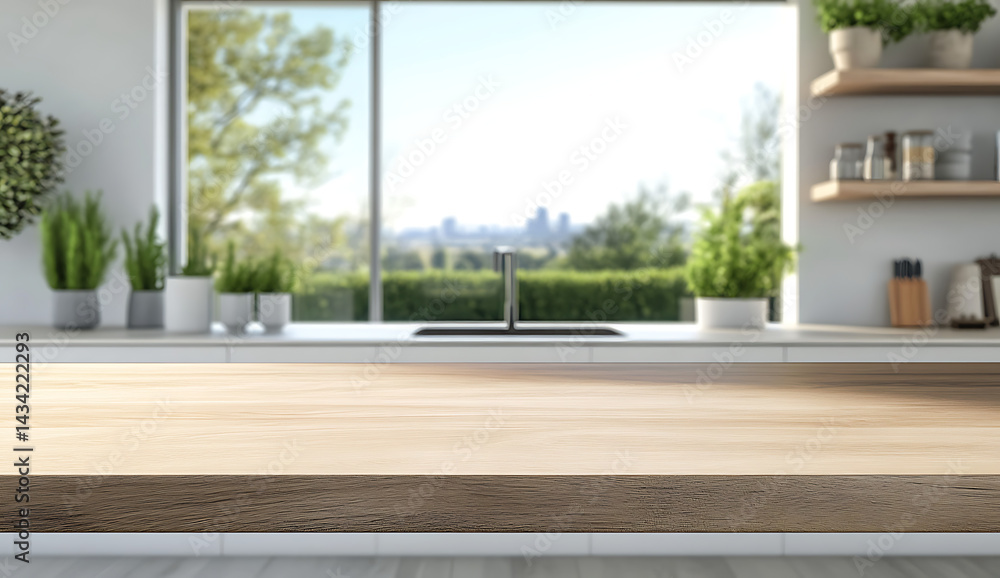 Poster empty wooden table top with a blurred abstract background for product display presentation in a mode