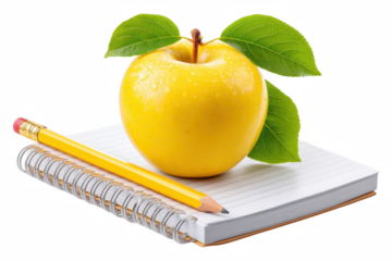 Back to School Yellow Pencil and Apple on Open Notebook, Isolated on Transparent Background