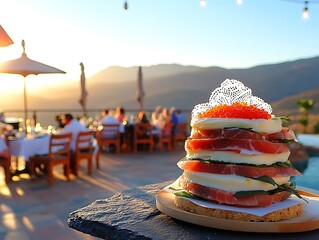 Gourmet culinary experience sunset dining food photography outdoor setting elevated view artful presentation