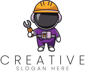 Cute Astronaut Mechanic Cartoon Illustration Design kid logo icon flat work space image   