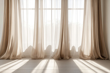Three pale  brown linen curtains hang on the white wall in an empty room, with no furniture or windows, room.