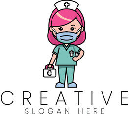 Cute Cartoon Nurse Character Medical Design Illustration aid kit aid pink mask logo icon  