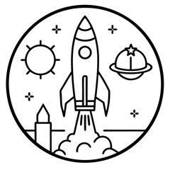 Vector art depicts a cartoon space rocket, an icon of cosmic travel and spaceship launch