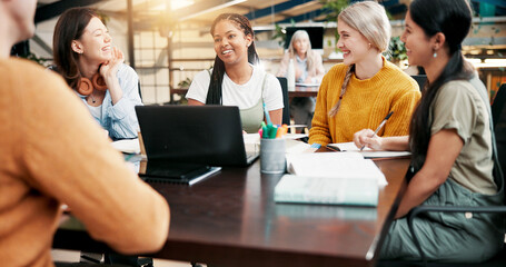 Happy people, students or meeting with laptop for group project, discussion or collaboration. College, friends or team with smile, documents or technology for planning assignment, tasks or delegation