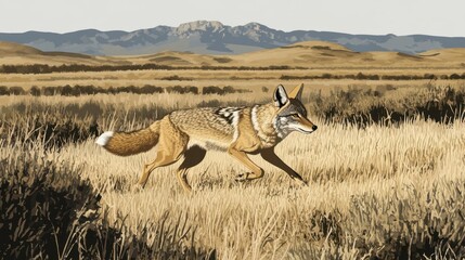 Coyotes traverse a golden prairie landscape.