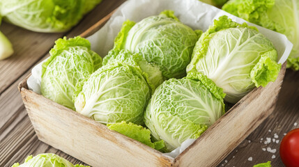 Crispy cabbage chips seasoned with sea salt and paprika in a rustic basket on wooden surface