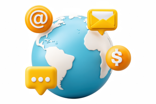 3D Cartoon Illustration of a Global Email Marketing Campaigns Reaching the World Online Infographic, Isolated on Transparent Background