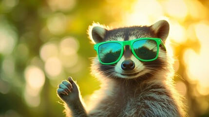 Fototapeta premium Playful raccoon wearing sunglasses, fluffy fur, waving paw, outdoor setting with warm sunlight, ideal for casual nature themes.