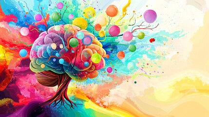 Fototapeta premium growing from a human brain with branches turning into colorful thought bubbles on a bright background brain tree, thought growth, colorful ideas, branching mind, mental expansion, nature cognition, 