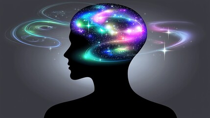 Obraz premium person with glowing mind area showing swirling galaxies and stars to illustrate vast thought potential silhouette mind, glowing brain, universe within, cosmic thoughts, inner galaxy, expansive 