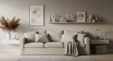 Minimalist living room interior with neutral tones and stylish decor