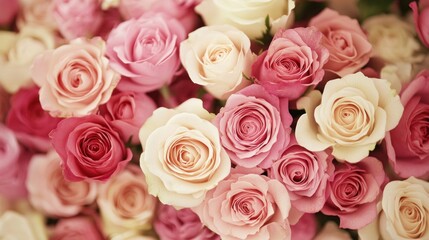 A vibrant bouquet of pastel pink and cream roses.