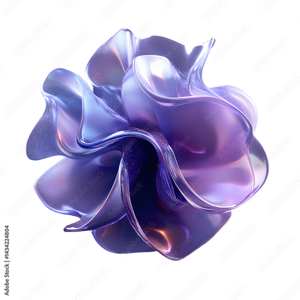Poster flower-shaped abstract object, violet gradient, shiny soft surface, dreamy blob style