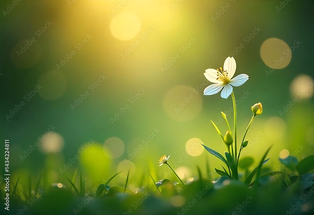 Poster generative ai: spring meadow with white anemone flowers and bright sunlight creating a beautiful bok