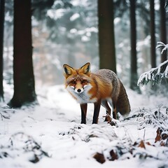 Fototapeta premium Winter forest scene with a vigilant red fox.