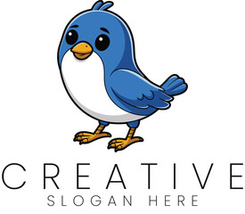 Adorable Blue Bird Cartoon Illustration Logo Design cute icon baby kids avian small wings 