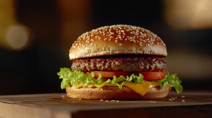 Juicy gourmet burger, mouth-watering layers of fresh lettuce, tomato, and melted cheese, perfect for food promotion.