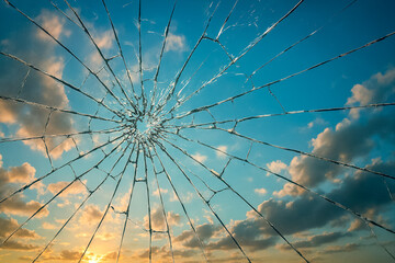 Naklejka premium Shattered glass against a beautiful sunset sky with clouds