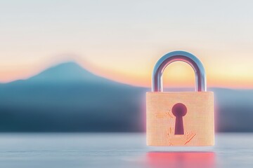 Fototapeta premium A glowing padlock sits against a soft, blurred background, symbolizing security and protection at dawn.