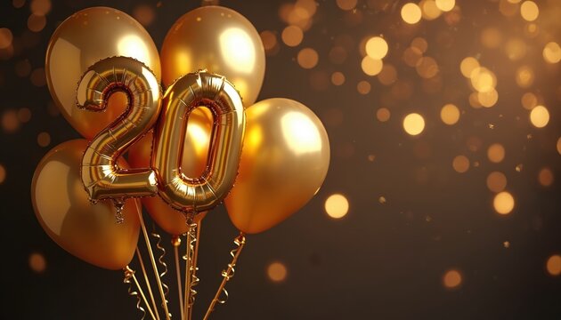 Golden helium balloons celebrate 20th birthday anniversary. Metallic balloons with numeral 20 against festive bokeh background. Party decoration, event, happy special occasion. Joyful cheerful