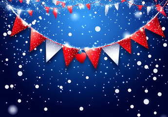 Obraz premium Festive background with colorful bunting flags and confetti on a blue background, vector illustration.