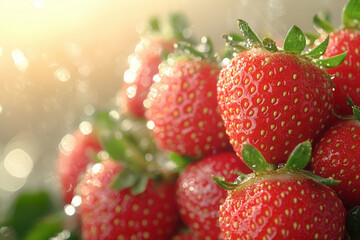 Freshly picked strawberries glistening under soft sunlight in a close-up flat lay arrangement