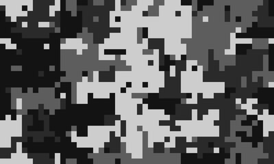 Abstract grayscale pixel art camouflage pattern.  Ideal for backgrounds, textures, or digital art projects needing a modern, fragmented aesthetic.