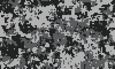 Abstract grayscale digital camouflage pattern. Perfect for backgrounds, textures, or militarythemed designs.  Its pixelated style offers a modern, urban feel.