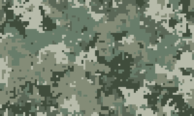 Abstract digital camouflage pattern.  Versatile pixelated design in muted greens and greys ideal for backgrounds, textiles, or militarythemed projects.