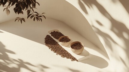 Fototapeta premium Minimalist composition of coffee beans on white, natural shadows and clean lines generative ai