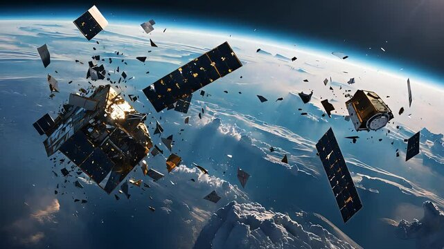 Space Debris from Broken Satellites Floating in Orbit Above Earth, Fragmented Pieces of Communication Technology in Space

