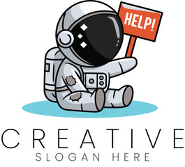 Cute Astronaut Holding Help Sign Space Cartoon Illustration kid sad red logo icon baby    