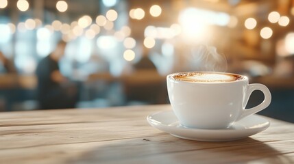 Obraz premium Coffee cup on wooden table, warm cozy cafe atmosphere, soft focus lights in background, ideal for relaxing moments.