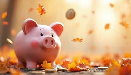Playful piggy bank surrounded by falling autumn leaves scattered coins. Symbolizing savings finance wealth growth. Concepts investment, financial planning, prosperity, harvest, change, cheerful.