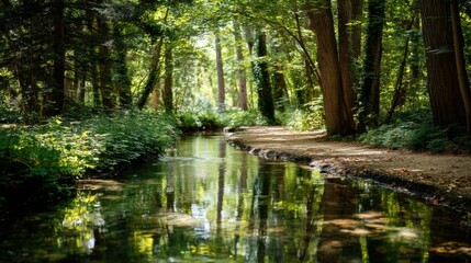 Forest stream reflecting sunlight