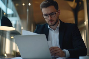 Serious and confident male businessman using laptop computer, taking notes. Work project in modern office. 25 year old male. Finance man working with documents in office. Successful business