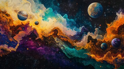 Vibrant nebula painting depicting swirling cosmic clouds, planets, and stars.