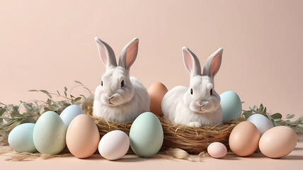 Cute Easter bunnies with eggs in nest on color background