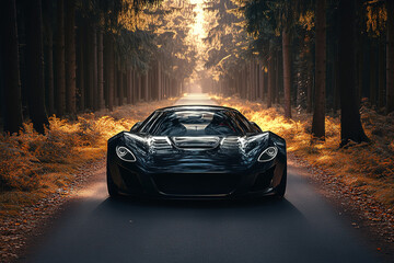 Sleek black car on a forest road under golden sunlight Drive through nature