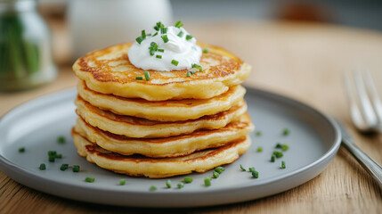 Delicious golden-brown potato pancakes with sour cream and chives on a rustic wooden table