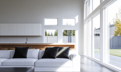 Fototapeta premium Modern living area with large windows and sleek design in a minimalist home