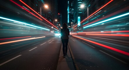 A lone woman on a city street at night, amid streaks of motion-blurred car lights, vivid colors.