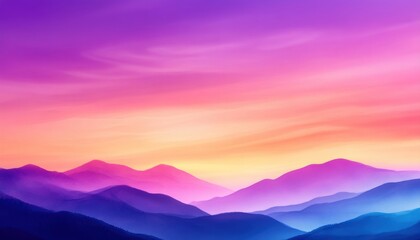 Fototapeta premium A vibrant gradient of purples, pinks, and blues fills the sky, casting a serene glow over layered mountain silhouettes.
