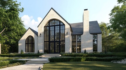 Modern stone house, landscaped yard, sunny day, luxury home, real estate