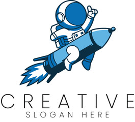 Cute Astronaut Soaring on Blue Rocket Fun Illustration sky bold logo icon space happy     